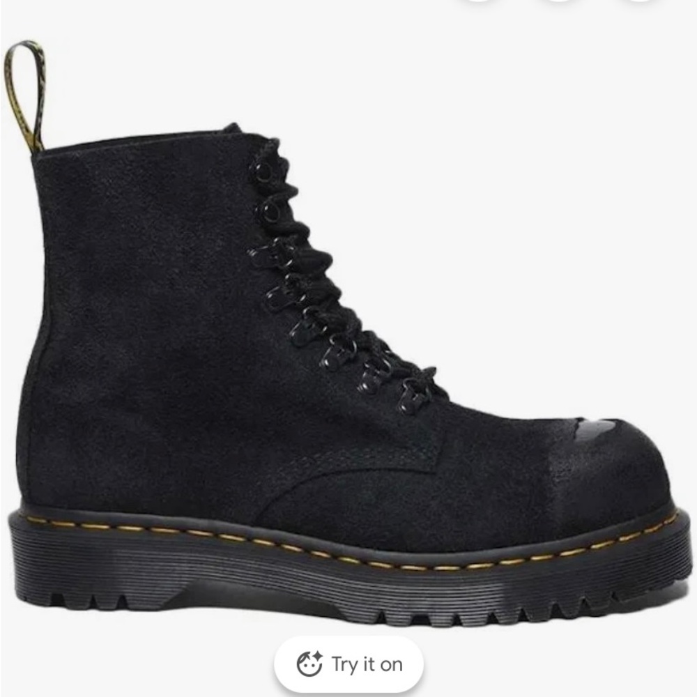Dr. Martens Black Suede Work Boots with Yellow Stitching